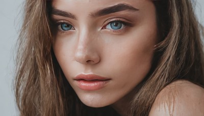 1girl,solo,long hair,looking at viewer,blue eyes,simple background,brown hair,closed mouth,signature,grey background,lips,eyelashes,portrait,close-up,realistic,nose,parted lips,freckles