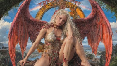 1girl,solo,long hair,breasts,looking at viewer,blue eyes,blonde hair,hair ornament,dress,bare shoulders,jewelry,medium breasts,sitting,white hair,outdoors,parted lips,wings,sky,barefoot,choker,day,cloud,water,tree,blue sky,lips,wet,head tilt,bird,building,wet clothes,feathered wings,knee up,angel wings,realistic,fantasy,angel,architecture,ruins,red wings,yellow wings,grey eyes,cloudy sky,rainbow