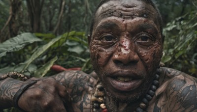 solo,looking at viewer,smile,1boy,jewelry,male focus,outdoors,teeth,dark skin,necklace,grin,blurry,black eyes,bracelet,tree,tattoo,blurry background,facial hair,dark-skinned male,portrait,nature,forest,realistic,bald,upper body,topless male,manly