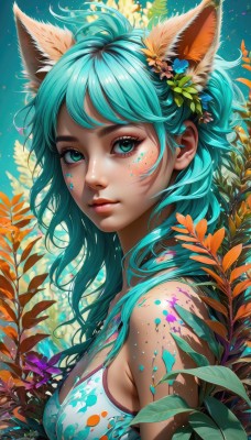 1girl,solo,long hair,breasts,looking at viewer,bangs,hair ornament,animal ears,bare shoulders,medium breasts,closed mouth,green eyes,swimsuit,upper body,flower,bikini,shiny,artist name,cat ears,hair flower,from side,aqua eyes,lips,gradient,eyelashes,aqua hair,sideboob,makeup,leaf,watermark,facial mark,plant,eyeshadow,freckles,pink lips,nose,facepaint,mascara,paint splatter,cleavage,bra,fox ears,tank top,messy hair,web address,light particles,extra ears,camisole,yellow flower,purple flower,strap gap