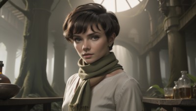 1girl,solo,looking at viewer,short hair,bangs,brown hair,shirt,black hair,gloves,jewelry,white shirt,upper body,earrings,indoors,scarf,tree,cup,lips,grey eyes,eyelashes,sunlight,bottle,realistic,nose,stud earrings,green scarf,brown eyes,closed mouth,parted lips,black eyes,window,table,plant,backlighting,bowl