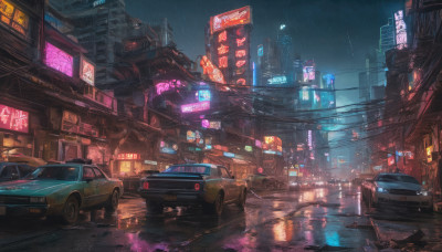 outdoors, sky, no humans, night, ground vehicle, building, scenery, motor vehicle, reflection, rain, city, sign, car, road, cityscape, lamppost, street, skyscraper, puddle, city lights, neon lights