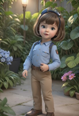 1girl,solo,looking at viewer,smile,short hair,open mouth,bangs,blue eyes,brown hair,shirt,long sleeves,standing,full body,flower,outdoors,parted lips,shoes,teeth,collared shirt,belt,pants,blunt bangs,bag,blurry,uniform,lips,brown footwear,blue shirt,plant,goggles,child,buckle,pocket,goggles on head,belt buckle,female child,shirt tucked in,brown belt,lamp,breast pocket,brown pants,lamppost,bob cut,pink flower,realistic,potted plant,badge