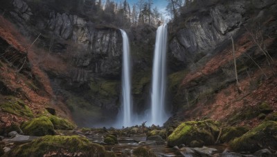 outdoors,sky,day,water,tree,no humans,nature,scenery,forest,rock,ruins,bridge,river,waterfall,landscape,cliff,moss,cloud,blue sky,stream