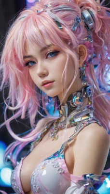 1girl,solo,long hair,breasts,looking at viewer,bangs,blue eyes,hair ornament,cleavage,bare shoulders,jewelry,medium breasts,upper body,ponytail,pink hair,earrings,parted lips,detached sleeves,choker,necklace,blurry,lips,eyelashes,makeup,realistic,nose,sidelocks,bra,from side,gem,pink lips