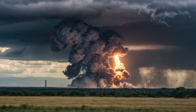 weapon,outdoors,sky,day,cloud,tree,no humans,glowing,cloudy sky,grass,fire,scenery,science fiction,monster,fantasy,field,ruins,landscape,smoke,explosion