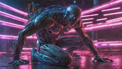 solo, 1boy, male focus, glowing, robot, glowing eyes, science fiction, realistic, android, cable, one knee, cyborg, cyberpunk, mechanical parts, neon lights