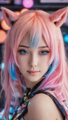 1girl,solo,long hair,looking at viewer,smile,bangs,blue eyes,animal ears,bare shoulders,jewelry,closed mouth,blue hair,upper body,pink hair,multicolored hair,cat ears,blurry,two-tone hair,lips,fox ears,eyelashes,gradient hair,makeup,blurry background,portrait,headset,realistic,nose,k/da (league of legends),necklace,close-up,miqo'te