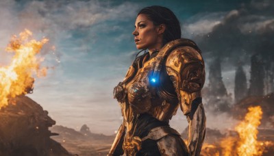 1girl,solo,long hair,black hair,upper body,outdoors,sky,cloud,dark skin,armor,from side,dark-skinned female,lips,profile,cloudy sky,fire,shoulder armor,smoke,science fiction,breastplate,realistic,nose,explosion,power armor,molten rock,weapon,glowing,cyborg,embers