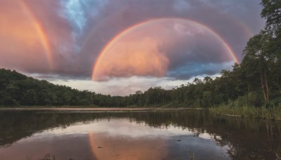 outdoors,sky,cloud,signature,water,tree,no humans,cloudy sky,grass,nature,scenery,forest,reflection,sunset,road,rainbow,river,puddle,reflective water,day,sunlight,lens flare,mountain,sun,landscape,lake