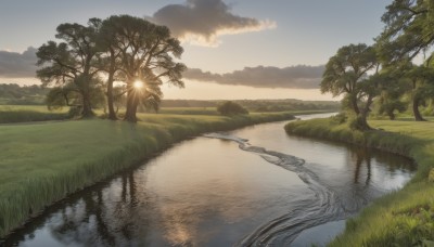 outdoors,sky,day,cloud,water,tree,no humans,grass,nature,scenery,forest,reflection,sunset,mountain,river,landscape,lake,reflective water,sunlight,cloudy sky,sun