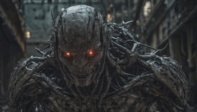 solo,looking at viewer,red eyes,1boy,upper body,male focus,outdoors,teeth,armor,blurry,no humans,depth of field,blurry background,glowing,robot,glowing eyes,1other,spikes,science fiction,skull,monster,holding,weapon,sharp teeth,building,mecha,city,horror (theme)