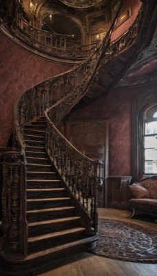 day,indoors,no humans,window,chair,sunlight,scenery,couch,wooden floor,stairs,door,architecture,carpet,rug,table,fantasy,railing,lamp,painting (object),chandelier