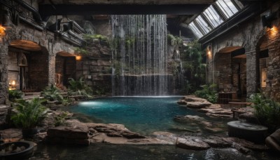 outdoors,day,indoors,water,tree,no humans,window,sunlight,plant,building,scenery,rock,stairs,potted plant,ruins,pillar,waterfall,moss,overgrown,chair,door,barrel