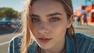 1girl,solo,long hair,looking at viewer,blonde hair,brown hair,brown eyes,jewelry,jacket,outdoors,parted lips,teeth,solo focus,day,necklace,mole,blurry,lips,depth of field,blurry background,thick eyebrows,denim,portrait,forehead,freckles,realistic,red lips,denim jacket,mole on cheek,blue eyes,sky,blue sky,eyelashes,blue jacket,wind,close-up,nose