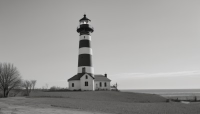 monochrome,greyscale,outdoors,sky,cloud,water,tree,no humans,ocean,building,scenery,watercraft,bare tree,tower,lighthouse,day,grey background,window,cloudy sky,horizon,lamppost,fog,grey sky,overcast