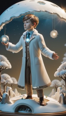 solo,brown hair,1boy,brown eyes,standing,full body,male focus,boots,necktie,sky,pants,star (symbol),vest,tree,coat,night,brown footwear,star (sky),snow,starry sky,blue necktie,snowflakes,bare tree,constellation,short hair,blonde hair,long sleeves,outdoors,shoes,artist name,glowing,bird,watermark,ground vehicle,night sky,web address,motor vehicle,winter