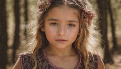 1girl,solo,long hair,looking at viewer,blonde hair,hair ornament,green eyes,collarbone,upper body,flower,parted lips,sleeveless,hair flower,blurry,lips,grey eyes,eyelashes,depth of field,blurry background,portrait,freckles,curly hair,realistic,brown hair,dress,brown eyes,nature,veil