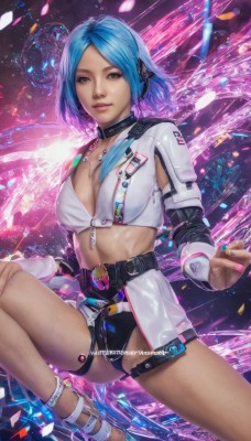 1girl,solo,breasts,looking at viewer,short hair,bangs,navel,cleavage,brown eyes,jewelry,medium breasts,blue hair,small breasts,parted lips,shorts,choker,midriff,belt,dark skin,necklace,nail polish,collar,lips,crop top,parted bangs,short shorts,thigh strap,headphones,sandals,ring,zipper,headset,realistic,nose,multicolored hair,watermark