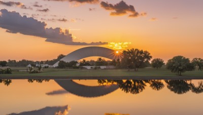 outdoors,sky,cloud,water,tree,no humans,ocean,watermark,beach,sunlight,cloudy sky,nature,scenery,reflection,sunset,palm tree,sun,horizon,river,lake,gradient sky,shore,orange sky,grass,building,forest,evening,landscape,reflective water,yellow sky