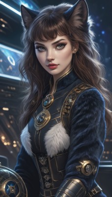 1girl,solo,long hair,looking at viewer,bangs,brown hair,long sleeves,animal ears,jewelry,closed mouth,upper body,earrings,cat ears,mole,blurry,lips,grey eyes,fur trim,eyelashes,mole under eye,makeup,blurry background,wavy hair,lipstick,brooch,gem,eyeshadow,freckles,nose,red lips,breasts,artist name,signature,animal ear fluff,wolf ears,thick eyebrows,corset,backlighting,realistic,eyeliner,fur