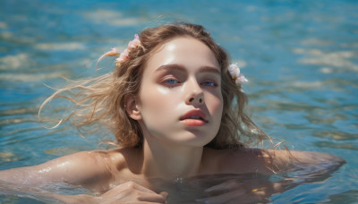 1girl, solo, long hair, looking at viewer, blue eyes, blonde hair, brown hair, hair ornament, flower, parted lips, teeth, hair flower, water, lips, partially submerged, realistic, nose