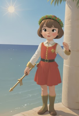 1girl,solo,looking at viewer,blush,smile,short hair,bangs,brown hair,shirt,long sleeves,dress,holding,brown eyes,closed mouth,standing,full body,white shirt,weapon,boots,outdoors,sky,day,collared shirt,belt,sword,hand up,water,holding weapon,tree,blue sky,shadow,ocean,beach,brown footwear,red dress,knee boots,child,palm tree,sun,horizon,red vest,female child,head wreath,sunlight,staff,sand