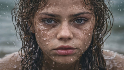 1girl, solo, long hair, looking at viewer, brown hair, black hair, brown eyes, closed mouth, outdoors, blurry, lips, wet, eyelashes, depth of field, blurry background, messy hair, portrait, close-up, water drop, realistic, nose, wet hair