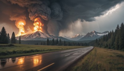 outdoors,sky,day,cloud,water,tree,no humans,sunlight,cloudy sky,grass,fire,nature,scenery,forest,smoke,reflection,light rays,mountain,road,river,landscape,fog,lake