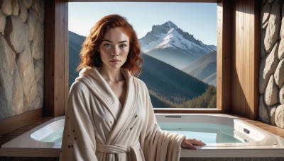 1girl,solo,long hair,looking at viewer,blue eyes,brown hair,long sleeves,closed mouth,upper body,day,indoors,medium hair,lips,window,freckles,robe,mountain,realistic,nose,dirty,white robe,brown eyes,collarbone,red hair,watermark,wall,lake