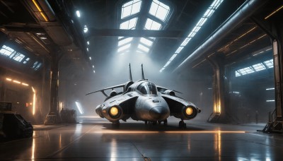 HQ,indoors,military,no humans,window,scenery,reflection,science fiction,realistic,aircraft,military vehicle,airplane,light,vehicle focus,spacecraft,ceiling,hallway,lights,robot,ground vehicle,mecha,motor vehicle