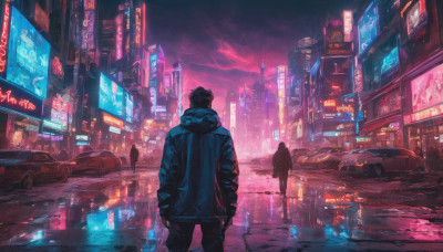 1boy, jacket, outdoors, sky, hood, from behind, dutch angle, night, ground vehicle, building, scenery, motor vehicle, city, hands in pockets, car, road, cityscape, street, skyscraper, cyberpunk, neon lights