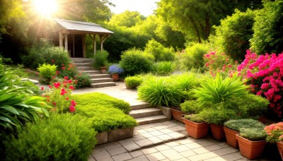 HQ,flower,outdoors,day,tree,no humans,sunlight,grass,plant,red flower,building,nature,scenery,pink flower,light rays,stairs,potted plant,road,bush,sunbeam,house,flower pot,path,garden,stone stairs,forest