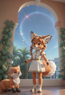 1girl,long hair,smile,bangs,brown hair,dress,holding,animal ears,twintails,brown eyes,jewelry,closed mouth,standing,tail,full body,braid,short sleeves,hairband,outdoors,sky,shoes,day,socks,belt,artist name,indoors,signature,white dress,blurry,looking at another,black eyes,twin braids,flat chest,blue sky,animal ear fluff,fox ears,window,sparkle,:3,buttons,blurry background,fox tail,watermark,looking down,short dress,happy,sunlight,white footwear,plant,white socks,fox girl,building,child,furry,backlighting,freckles,animal hands,furry female,collared dress,female child,potted plant,body fur,white fur,animal nose,pillar,fox,snout,brown fur,two-tone fur,yellow fur,arch,orange fur,solo,blue eyes,sidelocks,parted lips,teeth,hair intakes,goggles,rope,eyewear on head,claws,light particles,lens flare,light rays,brown belt,pleated dress