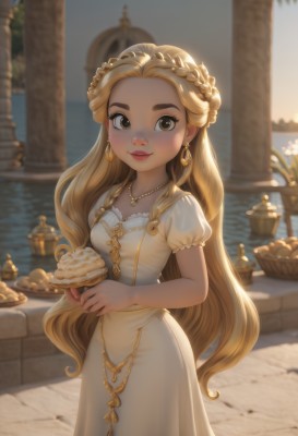 1girl,solo,long hair,breasts,looking at viewer,blush,smile,blonde hair,dress,holding,brown eyes,jewelry,very long hair,closed mouth,standing,collarbone,braid,flower,short sleeves,cowboy shot,earrings,small breasts,outdoors,food,sky,puffy sleeves,artist name,water,necklace,white dress,blurry,puffy short sleeves,lips,depth of field,blurry background,ocean,thick eyebrows,holding food,gem,forehead,plate,backlighting,freckles,beads,red lips,pillar,gold,pearl necklace,princess,makeup,french braid,gold trim,nose,crown braid,pie,thick lips