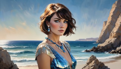 1girl,solo,breasts,looking at viewer,blush,short hair,bangs,blue eyes,brown hair,dress,cleavage,jewelry,medium breasts,closed mouth,collarbone,upper body,earrings,small breasts,outdoors,sky,day,water,necklace,blue sky,lips,blue dress,ocean,beach,gem,rock,nose,sand,horizon,shore,parted lips,sleeveless,makeup,sunlight,thick eyebrows,waves