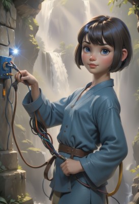 1girl,solo,breasts,looking at viewer,blush,smile,short hair,bangs,blue eyes,brown hair,black hair,long sleeves,holding,closed mouth,standing,cowboy shot,small breasts,outdoors,day,belt,water,from side,lips,buttons,sunlight,bob cut,plant,freckles,science fiction,nose,brown belt,cable,waterfall,wire,robe