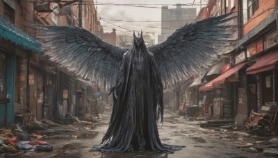 solo,long hair,looking at viewer,red eyes,1boy,standing,outdoors,wings,horns,sky,cloud,no humans,glowing,ground vehicle,building,scenery,glowing eyes,feathered wings,motor vehicle,black wings,monster,city,sign,car,road,ruins,power lines,street,utility pole,alley,rubble,trash bag,black hair,multiple others