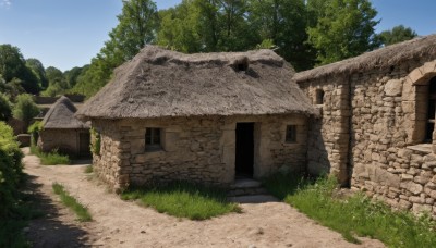 outdoors,sky,day,cloud,tree,blue sky,no humans,window,grass,plant,building,nature,scenery,door,road,bush,wall,ruins,house,path,forest,stone wall,chimney