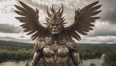 1girl,solo,upper body,outdoors,wings,horns,sky,cloud,armor,no humans,helmet,cloudy sky,shoulder armor,nature,feathered wings,pauldrons,breastplate,mountain,lake,looking at viewer,1boy,monochrome,male focus,day,tree,scenery,landscape