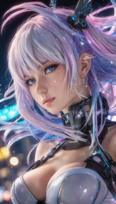 1girl,solo,long hair,breasts,looking at viewer,bangs,blue eyes,large breasts,hair ornament,cleavage,bare shoulders,jewelry,medium breasts,closed mouth,upper body,pink hair,purple hair,earrings,parted lips,artist name,blurry,lips,eyelashes,floating hair,headgear,freckles,science fiction,realistic,nose,bokeh,white hair,sidelocks,multicolored hair,collar,blurry background,chain,light particles,close-up