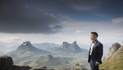 solo,short hair,shirt,black hair,long sleeves,1boy,standing,jacket,white shirt,male focus,outdoors,sky,day,pants,cloud,uniform,military,military uniform,cloudy sky,scenery,mountain,landscape,mountainous horizon,cliff,bow,necktie,collared shirt,bowtie,blue sky,formal,suit,grass,building,black necktie,rock,very short hair