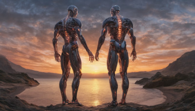 standing, outdoors, multiple boys, sky, cloud, 2boys, no humans, ocean, robot, science fiction, sunset, realistic, alien