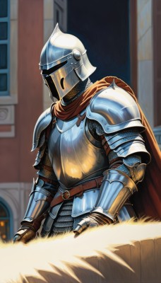 1girl,solo,standing,outdoors,belt,indoors,cape,armor,blurry,blurry background,helmet,shoulder armor,gauntlets,facing viewer,1other,pauldrons,breastplate,red cape,faulds,knight,full armor,ambiguous gender,helm,chainmail,gold armor,plate armor,shiny,from side,window,tabard,vambraces,brown belt,covered face