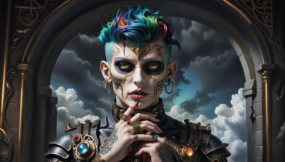 1girl,solo,looking at viewer,short hair,1boy,jewelry,blue hair,yellow eyes,upper body,pink hair,male focus,multicolored hair,earrings,green hair,sky,glasses,artist name,cloud,nail polish,armor,two-tone hair,lips,streaked hair,fingernails,aqua hair,tattoo,makeup,facial mark,piercing,ring,cloudy sky,lipstick,shoulder armor,gem,ear piercing,portrait,black nails,eyeshadow,hoop earrings,nose,eyeliner,facepaint,facial tattoo,mascara,multiple rings,thumb ring,black lips,parted lips,mask,finger to mouth,blue nails,aqua nails