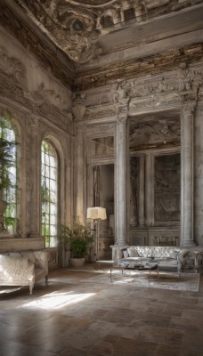 day,indoors,book,no humans,window,chair,table,sunlight,plant,scenery,couch,wooden floor,stairs,door,potted plant,lamp,architecture,ruins,pillar,vase,statue,carpet,arch,chandelier,column,tree,tiles,tile floor,ceiling