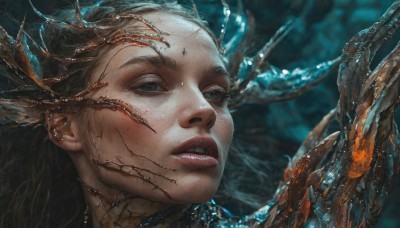 1girl,solo,long hair,open mouth,blue eyes,brown hair,black hair,parted lips,teeth,pointy ears,water,blurry,lips,grey eyes,blurry background,scar,portrait,freckles,underwater,realistic,nose,looking at viewer,eyelashes,facial mark,forehead mark