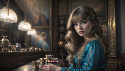 1girl,solo,long hair,looking at viewer,bangs,blue eyes,blonde hair,brown hair,hair ornament,long sleeves,dress,holding,jewelry,upper body,braid,earrings,solo focus,hairclip,puffy sleeves,indoors,necklace,blurry,from side,cup,lips,looking to the side,makeup,depth of field,blurry background,blue dress,wavy hair,table,bottle,lipstick,juliet sleeves,gem,realistic,nose,red lips,lamp,painting (object),blush,parted lips,teacup