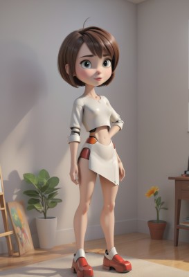 1girl,solo,breasts,looking at viewer,smile,short hair,bangs,skirt,brown hair,shirt,long sleeves,navel,closed mouth,standing,full body,white shirt,flower,small breasts,shoes,socks,midriff,indoors,miniskirt,lips,crop top,hand on hip,grey eyes,shadow,white skirt,plant,red footwear,yellow flower,potted plant,vase,blue eyes