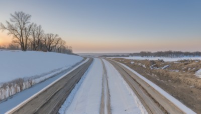 outdoors,sky,day,cloud,tree,blue sky,no humans,grass,nature,scenery,snow,sunset,mountain,road,winter,bare tree,river,landscape,water,forest,sun,horizon,sunrise